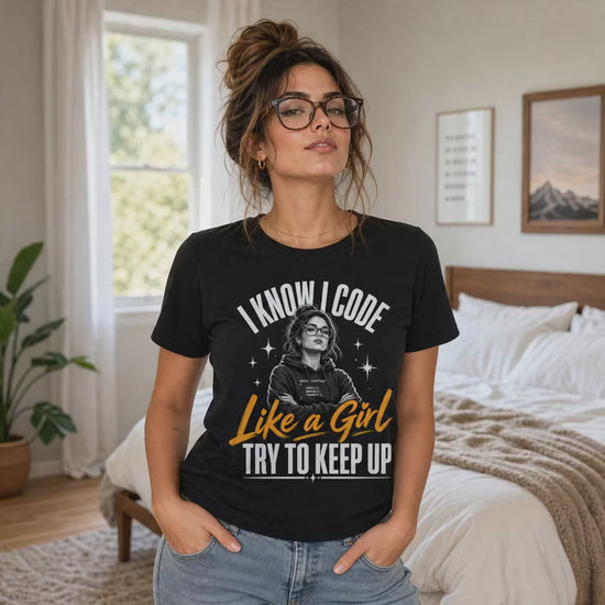 I Know I Code Like a Girl Try to Keep Up funny women who code t-shirt, confident woman coder with glasses, white and orange print on black tee