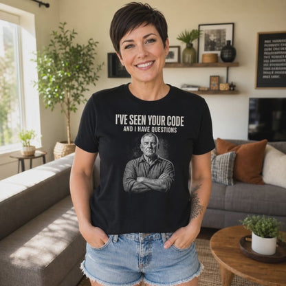 Man wearing I've Seen Your Code black programmer t-shirt Female Video Model Shot